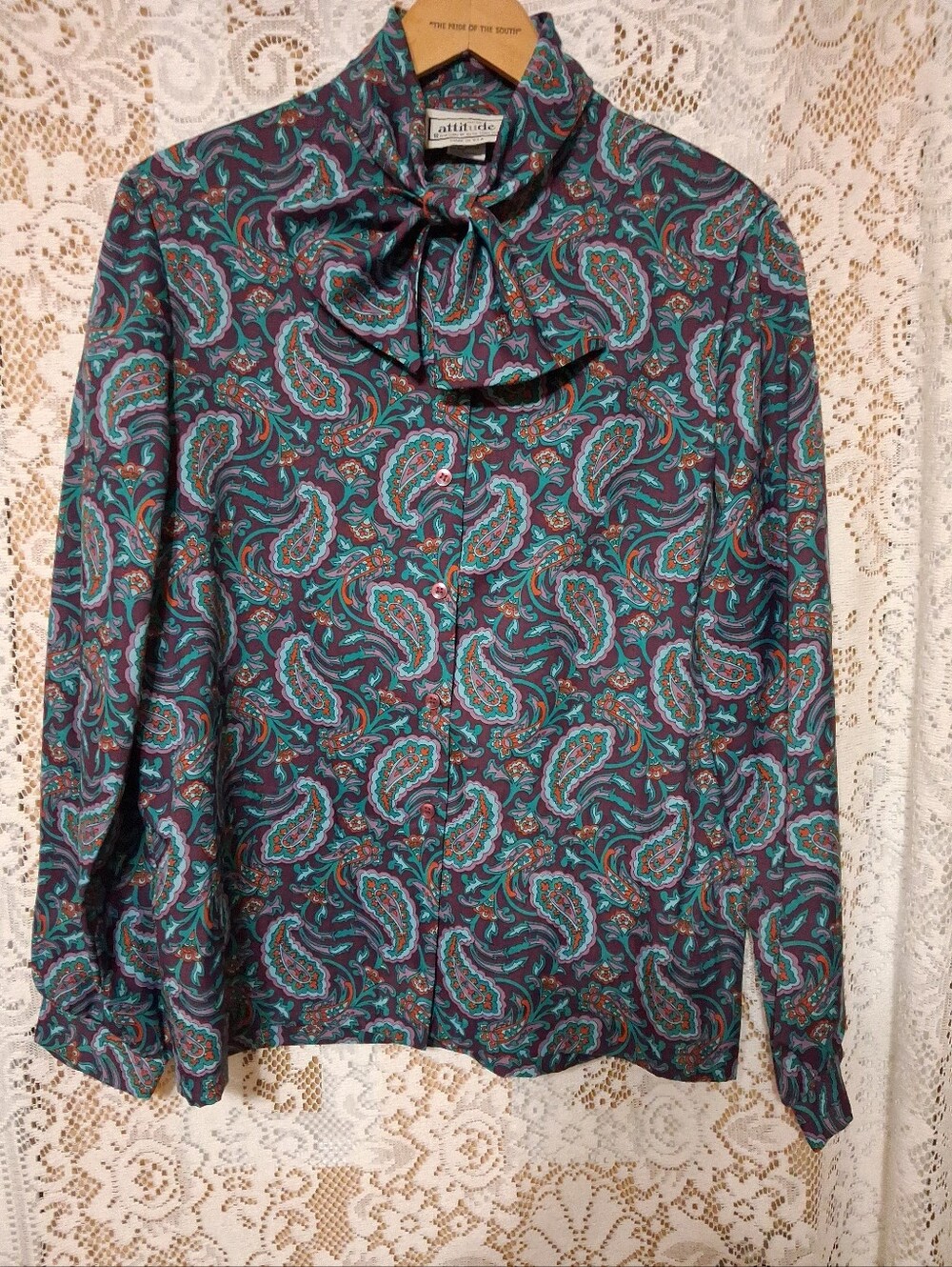 Vintage Teal Paisley Bow-Neck Blouse Vy Attitude.  Button Up 70s/80s Size 10